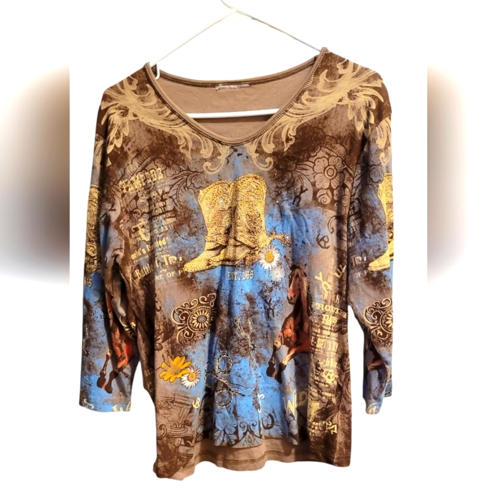 Brown and Blue Graphic Women's Top With Rhinesrones "Favorite Boots"